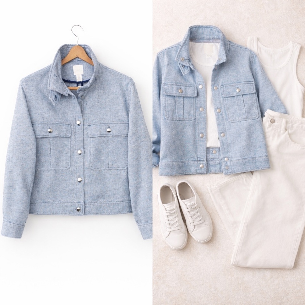 H&M Linen-Blend Utility Shirt Jacket Blue/White NWT